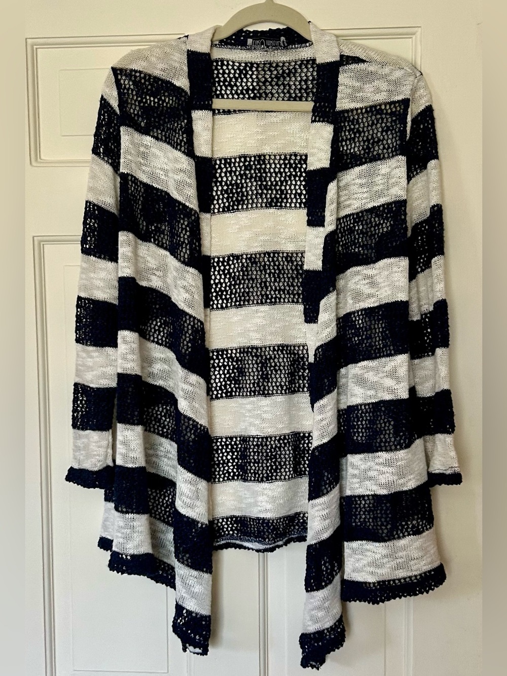 Retro Threads Striped Open-Front Women's Cardigan Navy White Long Sleeve Open L